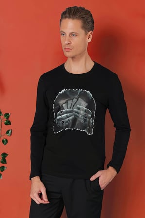 Ts 868 Slim Fit Baskılı Bisiklet Yaka Esnek Pamuk Siyah Tişört