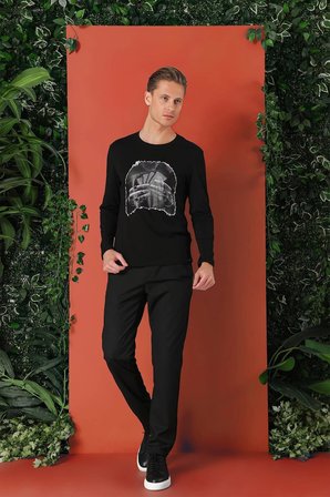 Ts 868 Slim Fit Baskılı Bisiklet Yaka Esnek Pamuk Siyah Tişört