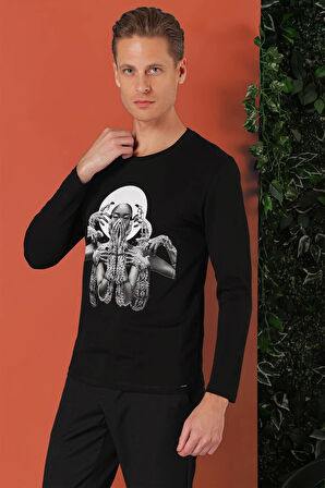 Ts 869 Slim Fit Baskılı Bisiklet Yaka Esnek Pamuk Siyah Tişört