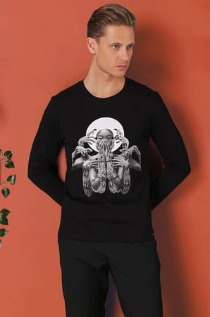 Ts 869 Slim Fit Baskılı Bisiklet Yaka Esnek Pamuk Siyah Tişört
