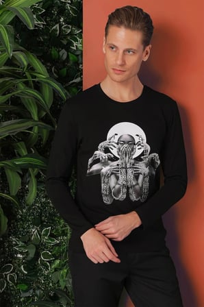 Ts 869 Slim Fit Baskılı Bisiklet Yaka Esnek Pamuk Siyah Tişört