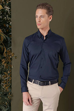 Gk 708 Slim Fit Düğmeli Yaka Esnek Pamuk Klasik Lacivert Gömlek