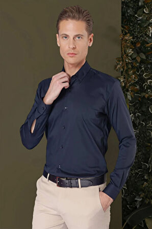 Gk 708 Slim Fit Düğmeli Yaka Esnek Pamuk Klasik Lacivert Gömlek