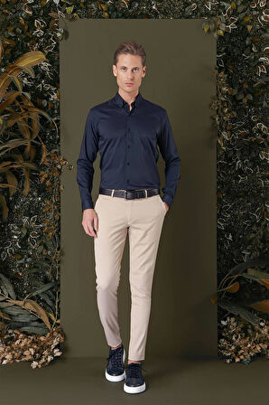 Gk 708 Slim Fit Düğmeli Yaka Esnek Pamuk Klasik Lacivert Gömlek