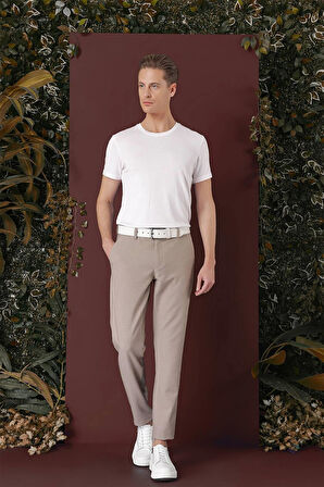 Slim Fit Yan Cepli Dokulu Esnek Casual Bej Pantolon P 1139