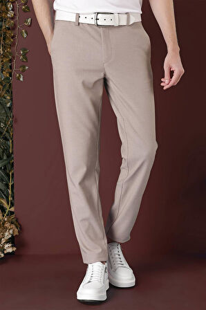 Slim Fit Yan Cepli Dokulu Esnek Casual Bej Pantolon P 1139