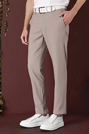 Slim Fit Yan Cepli Dokulu Esnek Casual Bej Pantolon P 1139