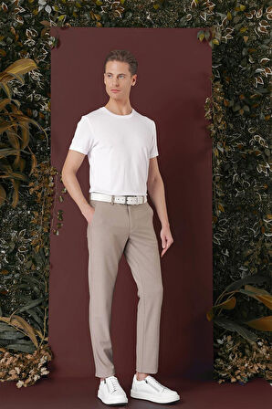 Slim Fit Yan Cepli Dokulu Esnek Casual Bej Pantolon P 1139