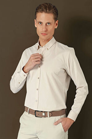 GK 711 Slim Fit Bej Klasik Gömlek