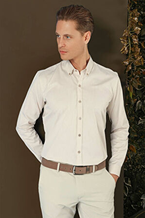 GK 711 Slim Fit Bej Klasik Gömlek