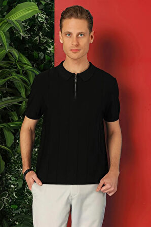 Tr 865 Slim Fit Fermuarlı Polo Yaka Kısa Kol Siyah Triko