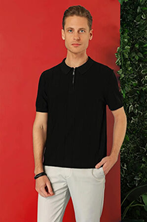 Tr 865 Slim Fit Fermuarlı Polo Yaka Kısa Kol Siyah Triko