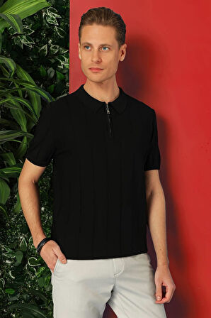 Tr 865 Slim Fit Fermuarlı Polo Yaka Kısa Kol Siyah Triko