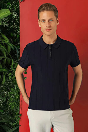 Tr 865 Slim Fit Fermuarlı Polo Yaka Kısa Kol Lacivert Triko