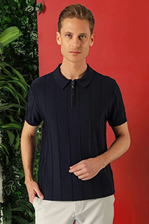 Tr 865 Slim Fit Fermuarlı Polo Yaka Kısa Kol Lacivert Triko