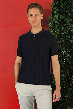 Tr 865 Slim Fit Fermuarlı Polo Yaka Kısa Kol Lacivert Triko