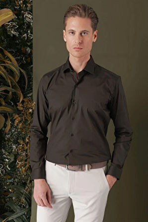 GK 709 Slim Fit Kahve Klasik Gömlek