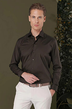 GK 709 Slim Fit Kahve Klasik Gömlek