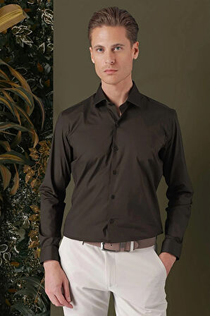 GK 709 Slim Fit Kahve Klasik Gömlek