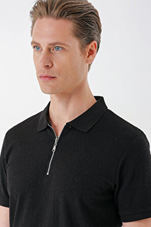 Ts 877 Slim Fit Fermuarlı Polo Yaka %100 Pamuk Siyah Tişört