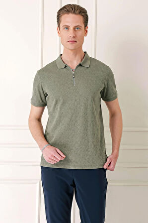 Ts 877 Slim Fit Fermuarlı Polo Yaka %100 Pamuk Haki Tişört