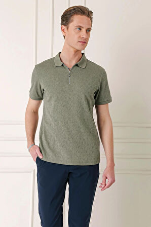 Ts 877 Slim Fit Fermuarlı Polo Yaka %100 Pamuk Haki Tişört