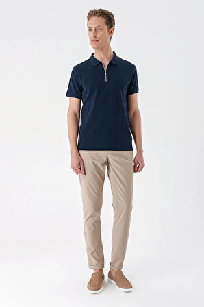 Ts 877 Slim Fit Fermuarlı Polo Yaka %100 Pamuk Lacivert Tişört