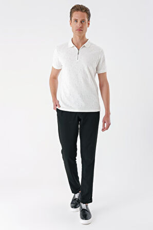 Ts 877 Slim Fit Fermuarlı Polo Yaka %100 Pamuk Ekru Tişört