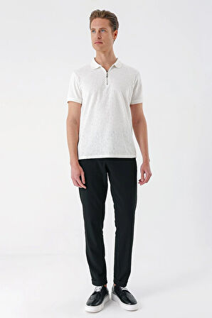 Ts 877 Slim Fit Fermuarlı Polo Yaka %100 Pamuk Ekru Tişört