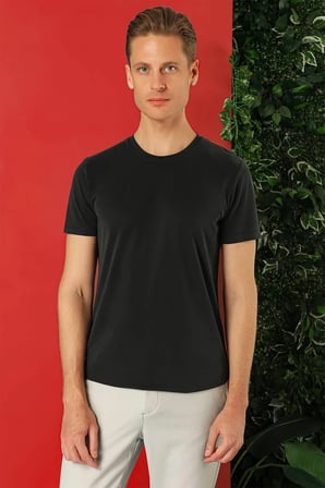 Ts 878 Slim Fit Bisiklet Yaka %100 Pamuk Siyah Tişört