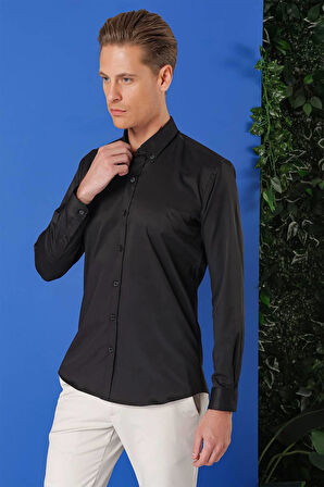 Gk 714 Slim Fit Düğmeli Yaka Pamuklu Klasik Siyah Gömlek