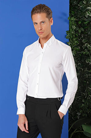 Gk 714 Slim Fit Düğmeli Yaka Pamuklu Klasik Beyaz Gömlek