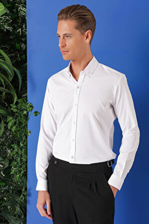 Gk 714 Slim Fit Düğmeli Yaka Pamuklu Klasik Beyaz Gömlek