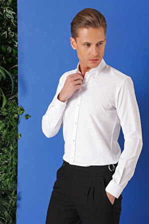 Gk 714 Slim Fit Düğmeli Yaka Pamuklu Klasik Beyaz Gömlek