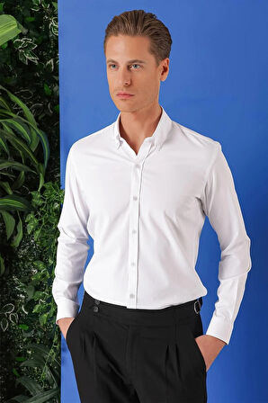 Gk 714 Slim Fit Düğmeli Yaka Pamuklu Klasik Beyaz Gömlek