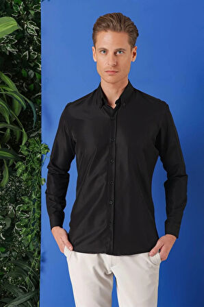Gk 715 Slim Fit Düğmeli Yaka Pamuklu Klasik Siyah Gömlek