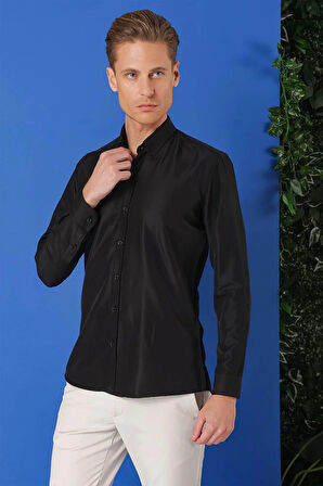 Gk 715 Slim Fit Düğmeli Yaka Pamuklu Klasik Siyah Gömlek