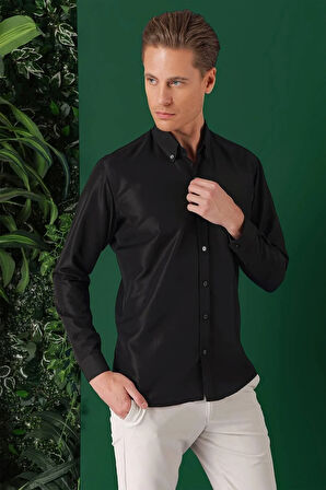 Gk 715 Slim Fit Düğmeli Yaka Pamuklu Klasik Siyah Gömlek
