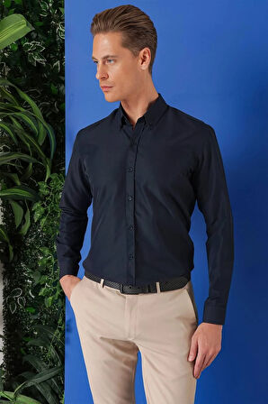 Gk 715 Slim Fit Düğmeli Yaka Pamuklu Klasik Lacivert Gömlek