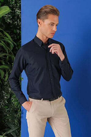 Gk 715 Slim Fit Düğmeli Yaka Pamuklu Klasik Lacivert Gömlek