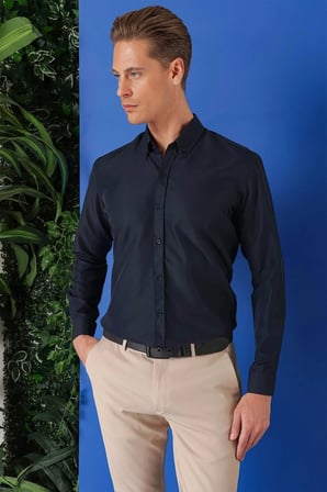Gk 715 Slim Fit Düğmeli Yaka Pamuklu Klasik Lacivert Gömlek