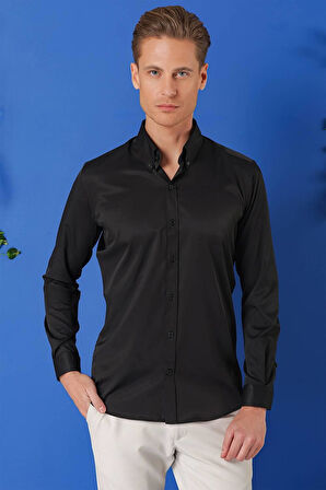 Gk 716 Slim Fit Düğmeli Yaka Uzun Kol Pamuklu Klasik Siyah Gömlek