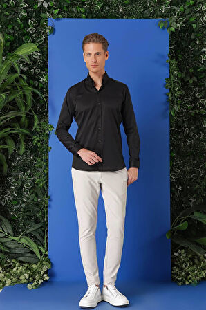 Gk 716 Slim Fit Düğmeli Yaka Uzun Kol Pamuklu Klasik Siyah Gömlek