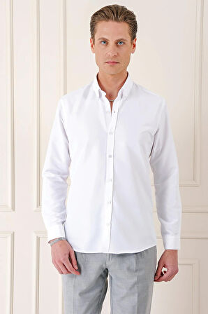 Gk 715 Slim Fit Düğmeli Yaka Pamuklu Klasik Beyaz Gömlek