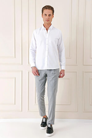 Gk 715 Slim Fit Düğmeli Yaka Pamuklu Klasik Beyaz Gömlek