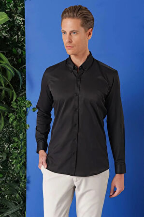 Gk 714 Slim Fit Düğmeli Yaka Pamuklu Klasik Siyah Gömlek