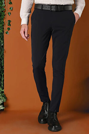 Slim Fit Yan Cepli Düz Esnek Casual Siyah Pantolon P 1144