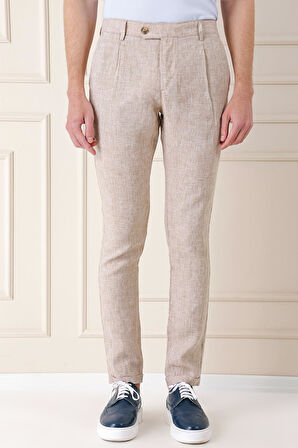 P 1145 Comfort Fit Beli Lastikli Pileli Keten Casuel Bej Pantolon