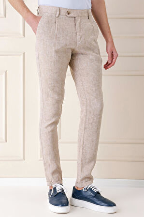 P 1145 Comfort Fit Beli Lastikli Pileli Keten Casuel Bej Pantolon