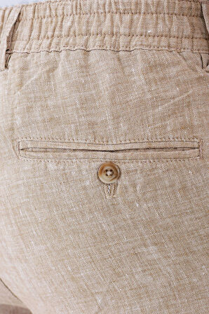P 1145 Comfort Fit Beli Lastikli Pileli Keten Casuel Bej Pantolon